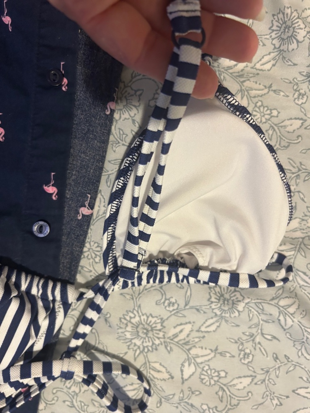 Navy Pink Flamingo Button-Up Shirt & Striped Bikini Set - Picture 6 of 11